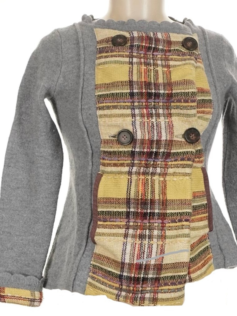 Charlie & Robin Gray Cardi Yellow Plaid Panel, Scalloped Edging, Double Breasted